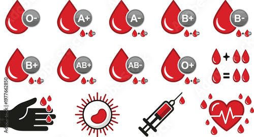 Blood type icons and symbols for medical and health concepts with Rh factor