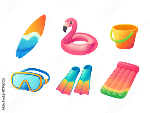 Set of summer beach items including surfboard, inflatable ring, bucket, diving mask, fins and air mattress in flat style