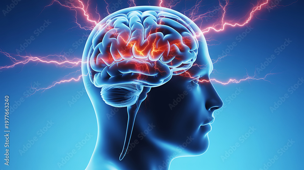Obraz premium Human Brain Anatomy 3D Illustration with Electric Neural Activity