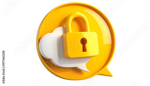 A golden padlock over a white cloud speech bubble inside a yellow talk bubble
