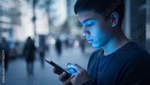 Young man in the glow of a smartphone screen, addiction and endless scrolling