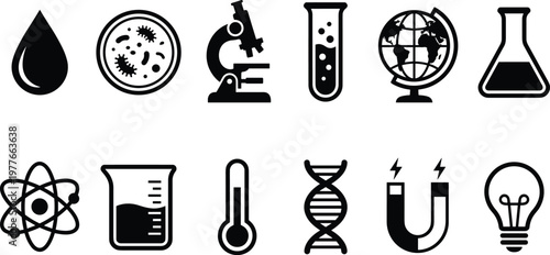 Science and laboratory icons including microscope, DNA, Test tube and beaker on white background