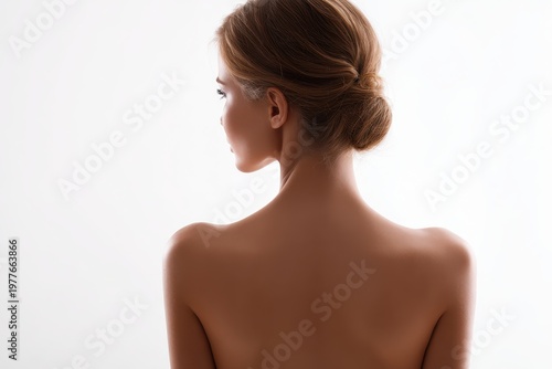 Elegant rear portrait with soft lighting on white background, beauty and wellness concept