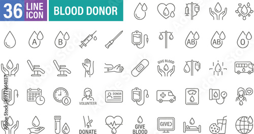Blood Donation Line Icons Set - 36 Illustrations for Healthcare and Volunteer Concepts