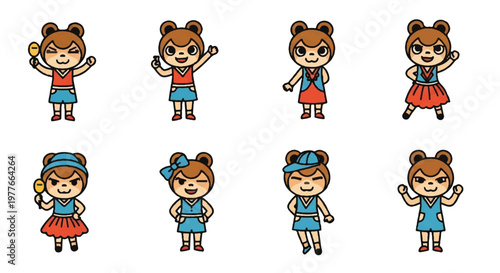 Cartoon bear characters in various outfits isolated on white