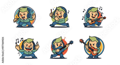 Cartoon musician illustrations with musical instruments and headphones