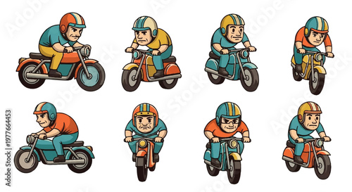 Motorcycle riders in various styles and poses set against white background