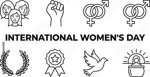 International Women's Day icons with symbols of female empowerment and equality