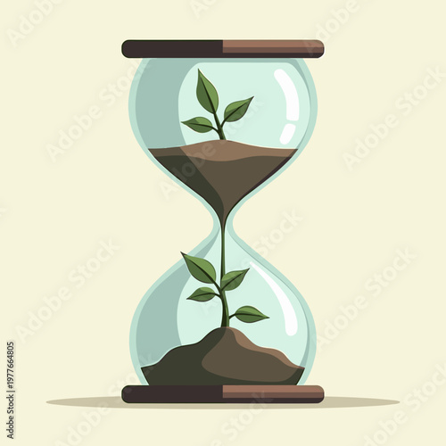 A wooden hourglass holds fertile soil and two small green saplings growing within its glass chambers against a neutral background. The conceptual scene symbolizes life and nature, with copy space.