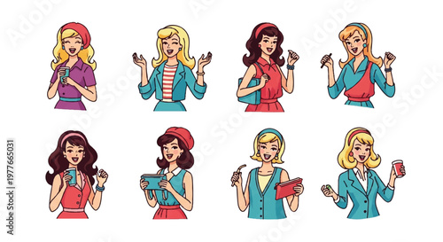 Cartoon illustrations of women with various accessories and outfits