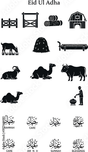 A thematic collection of Eid al-Adha related icons, including farm elements like fences and barns, livestock such as goats, camels, and cows, and symbolic calligraphy for blessings and care.