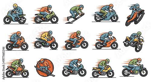 Motorcycle riders in action set vector illustration
