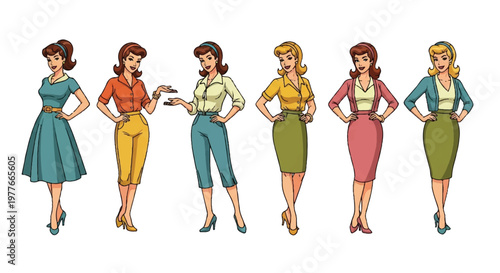 Retro styled women in various outfits on white background