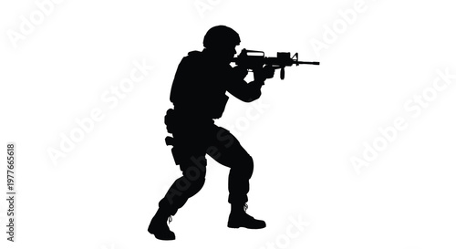 Soldier aiming rifle in combat stance a dramatic black figure silhouette