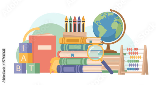 Brightly colored alphabet blocks stacked playfully, conveying a sense of learning, progress, and foundational development. Great for education and chi