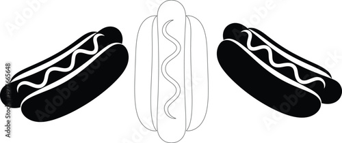 Three stylized hot dogs, two solid black silhouettes, one outline with mustard sausage condiment
