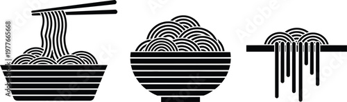 Black and white of noodles in bowls and falling noodles ramen udon soba pasta