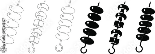 Six stylized of food on skewers, including olives and cubes, in outline and solid black fill