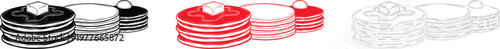 Stack of pancakes with butter and syrup, black and white, red, and outline styles breakfast food