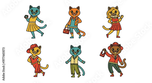 Stylized cartoon cat characters in various outfits isolated
