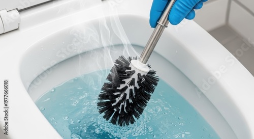 Toilet brush cleaning in blue water with steam rising