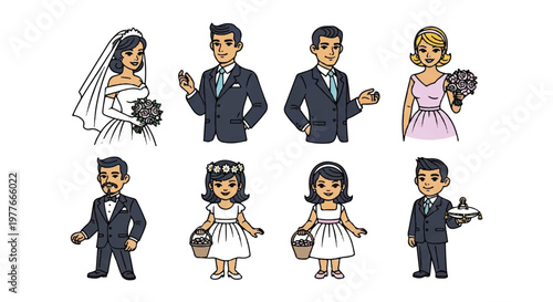 Wedding ceremony illustrations bride groom guests cartoon vector
