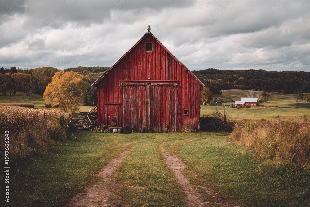 Obraz premium Red barn doors in a tranquil rural farmyard with tree shadows and sunlit grass