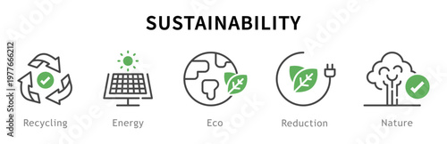 Conjunto de iconos de sostenibilidad. Representa responsabilidad ambiental. Incluye reciclaje, energía, eco, reducción, naturaleza. Ilustración vectorial