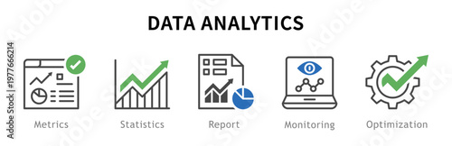 Conjunto de iconos de análisis de datos. Representa toma de decisiones. Incluye métricas, estadísticas, reporte, monitoreo, optimización. Ilustración vectorial