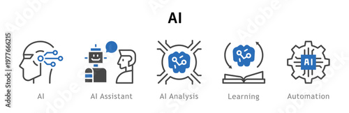 Conjunto de iconos de inteligencia artificial. Representa automatización digital. Incluye robot, asistencia, análisis, aprendizaje, optimización. Ilustración vectorial