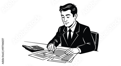 A focused businessman works with papers and a calculator striking silhouette