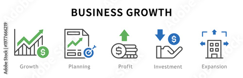 Conjunto de iconos de crecimiento empresarial. Representa éxito financiero. Incluye crecimiento, planeación, ganancias, inversión, expansión. Ilustración vectorial