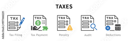 Conjunto de iconos de impuestos. Representa cumplimiento fiscal. Incluye declaración, pago, fecha límite, multa, deducciones. Ilustración vectorial