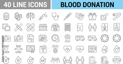 Collection of 40 line icons related to blood donation and medical care services