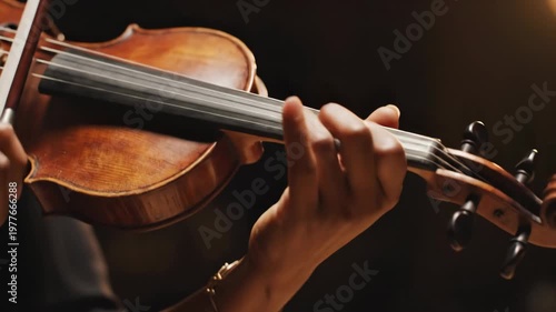 Close up of a person playing the violin with focus on the hands and instrument.