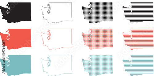 Washington State Map Silhouette and Outline Icon Set with Patterned Geographic Shapes