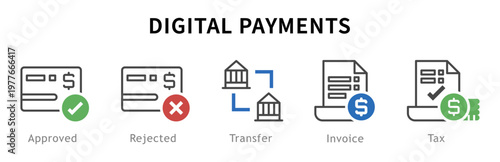 Conjunto de iconos de pagos digitales. Representa gestión financiera moderna. Incluye aprobación, rechazo, transferencia, factura, impuestos. Ilustración vectorial