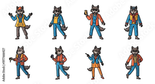 Stylized wolf characters in various poses and outfits on white background