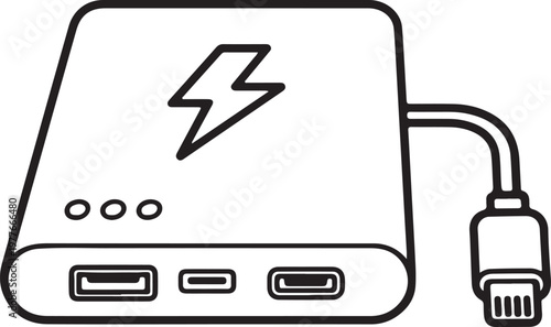 Portable power bank device with lightning bolt charging symbol and USB ports