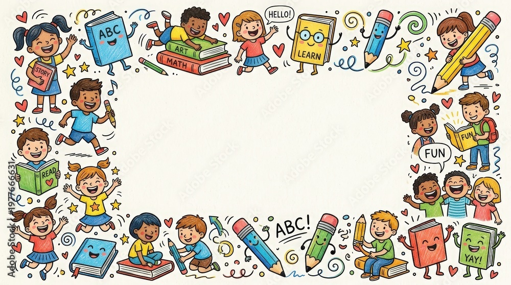 Fototapeta premium Doodle border with happy kids, cheerful books, and colorful pencils