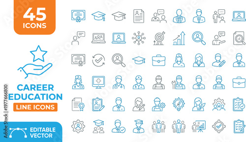 Collection of 45 editable line icons for career education and professional development