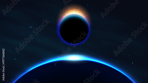 Blue Glowing Planet Horizon in Deep Space – Abstract Solar Eclipse Light and Cosmic Background Illustration