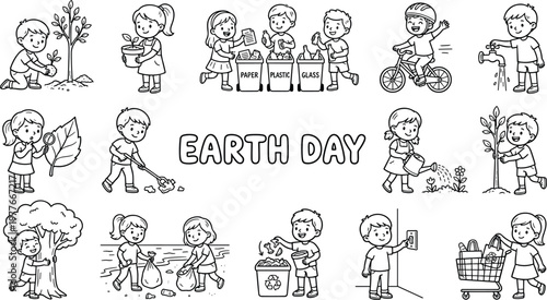 Earth Day illustrations of children engaging in eco friendly activities for a sustainable future