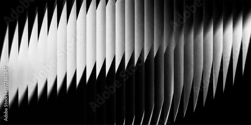 Striking geometric abstract composed of meticulously arranged, sharp-edged, reflective shapes, creating a captivating display of light and shadow, and depth. 