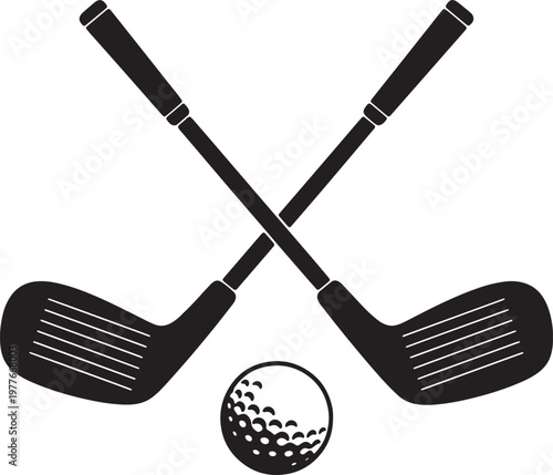 Detailed crossed golf clubs and dimpled ball vector illustration for professional sports branding tournament logos and country club signage isolated on transparent background art.