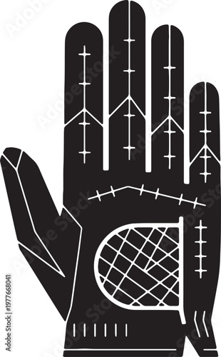 Technical golf glove silhouette vector with star pattern details and reinforced palm design for athlete performance gear and sports equipment branding projects for professionals.