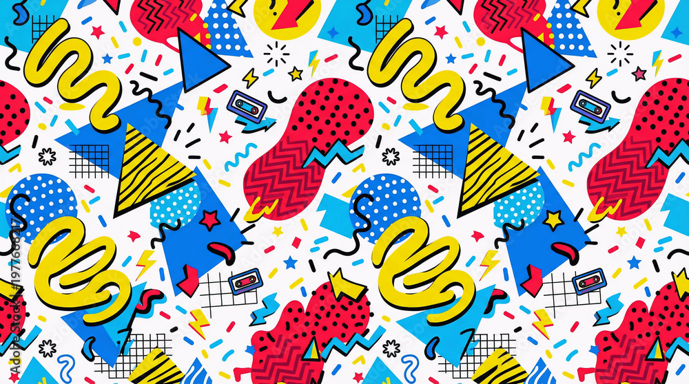Naklejka premium Seamless Memphis Style Pattern with Abstract Geometric Shapes Bright Colors Retro 80s Background for Fabric Wallpaper Packaging and Graphic Design