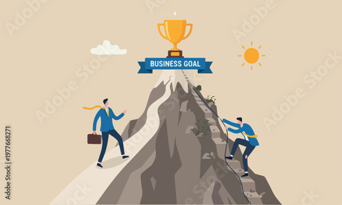 Easy success accomplish, choosing path to succeed, way to reach business goal concept, businessmen compete easy and hard way to climb mountain