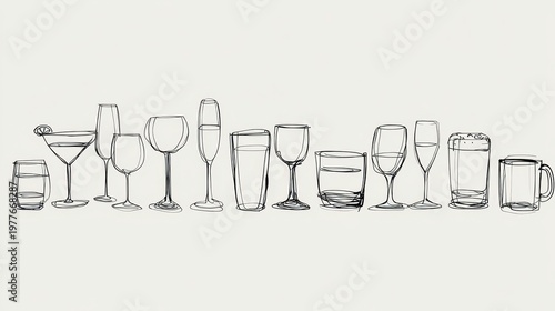 Continuous line illustration of beverage glasses in a neat row on white background