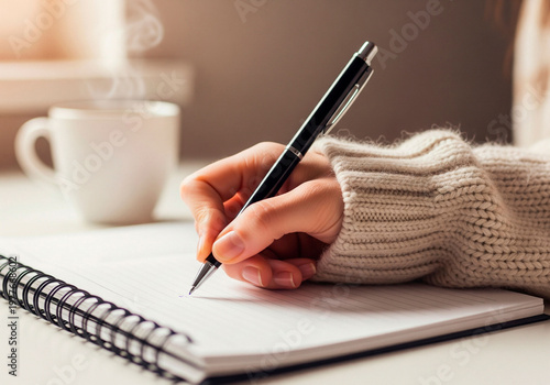 Close-Up of Hand Writing Notes in Spiral Notebook with Black Pen Beside Steaming Coffee Cup on Wooden Table, Productivity and Planning Concept for Business or Study Stock Photos